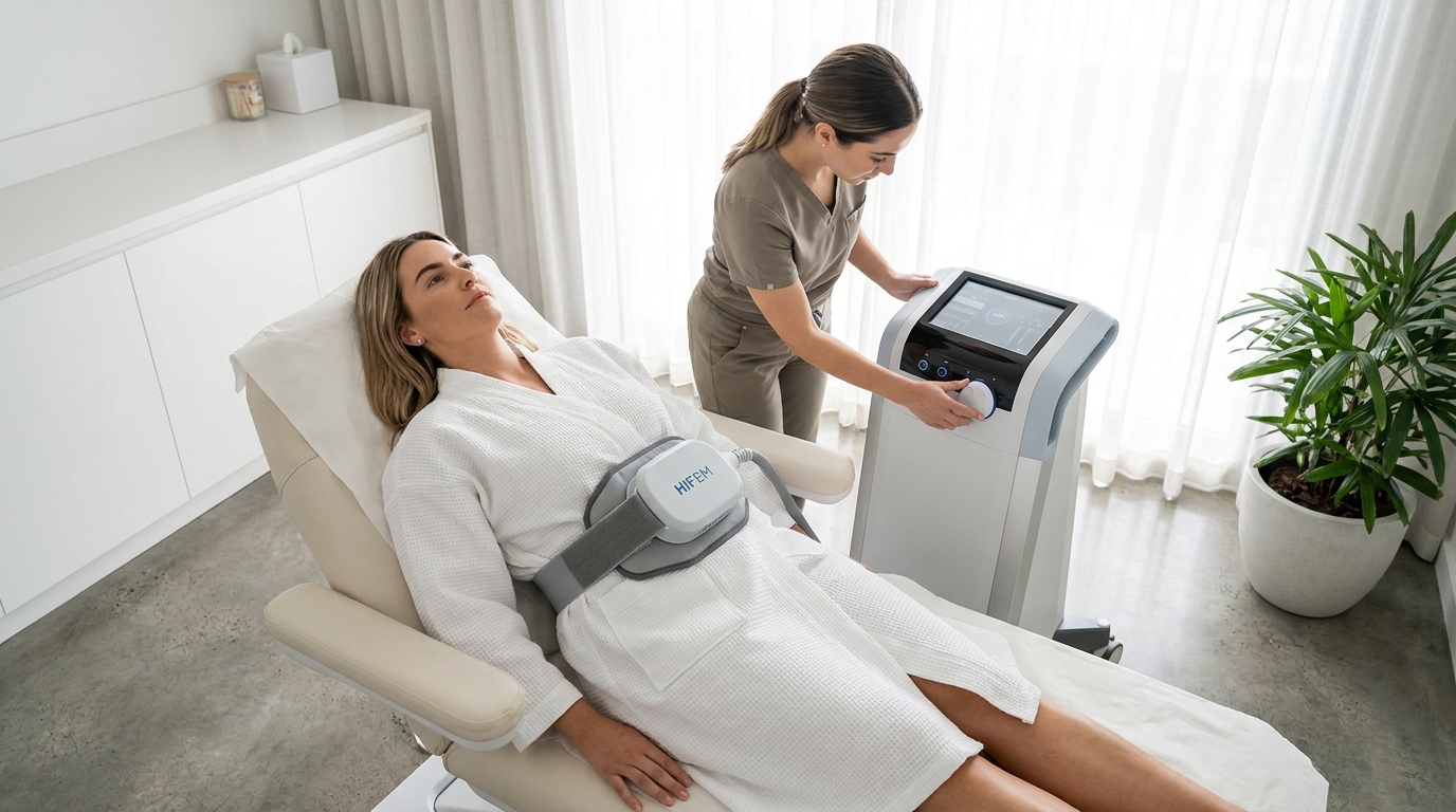 Emsculpt Singapore: HIFEM body sculpting applicator toning abdominal muscle during a session at YL Beauty Aesthetics Tanjong Pagar