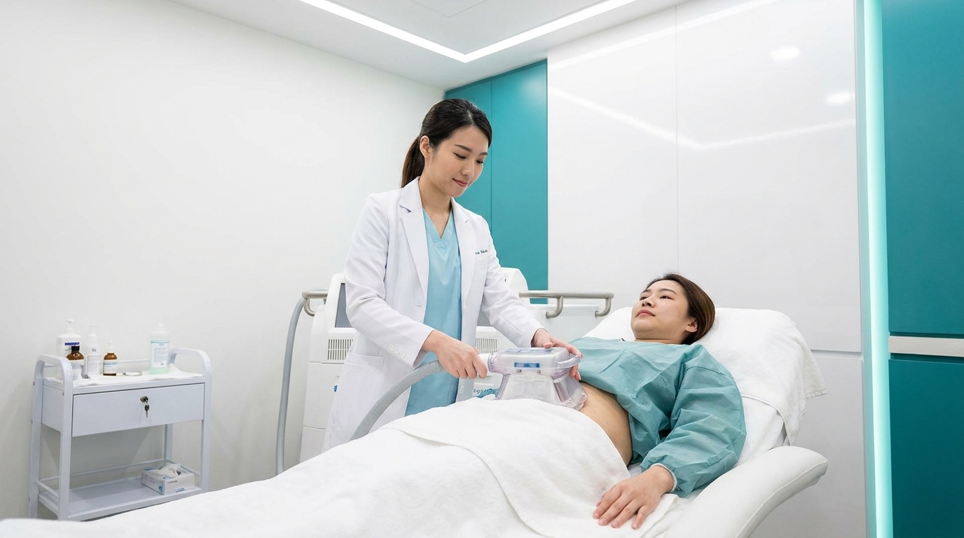 Fat freeze Singapore: cryolipolysis applicator placed on a client's abdomen during a body contouring session at YL Beauty Aesthetics Tanjong Pagar